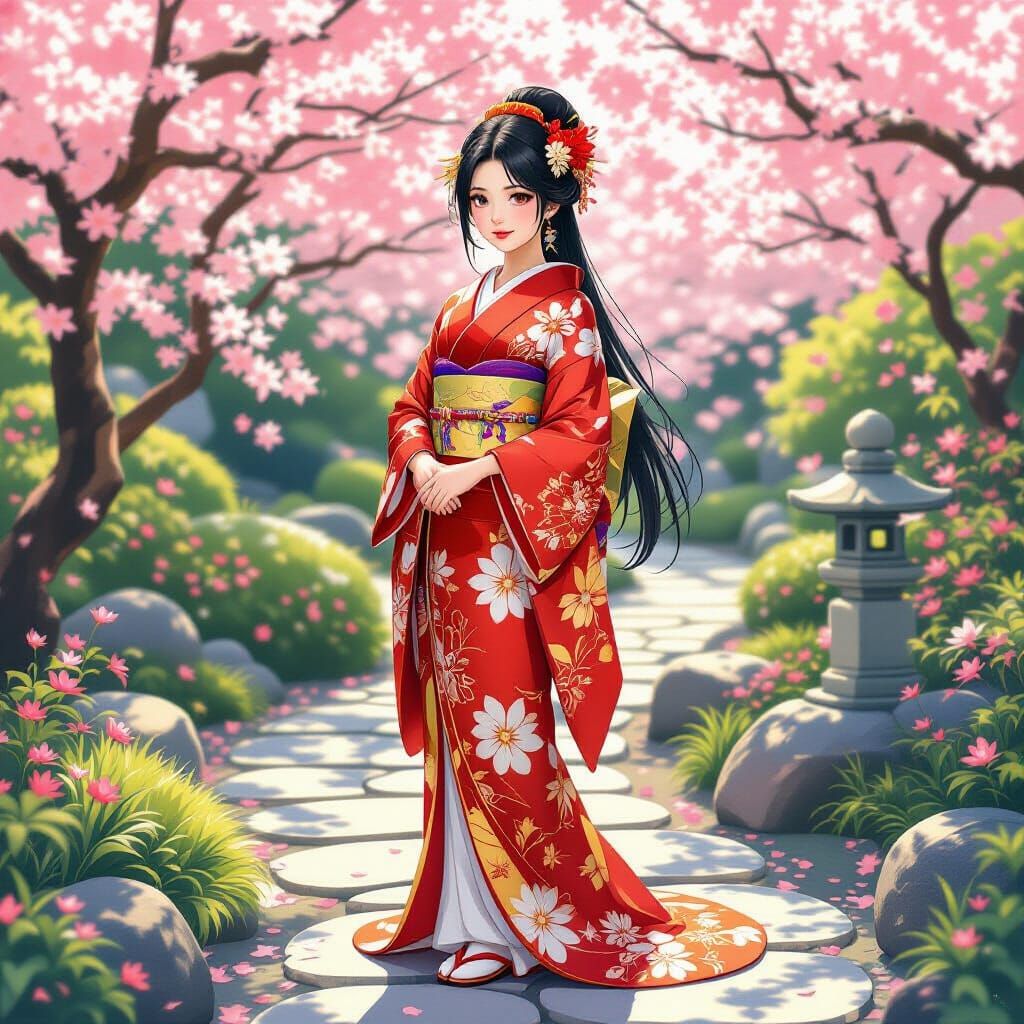 Elegant Girl in Kimono in Japanese Garden