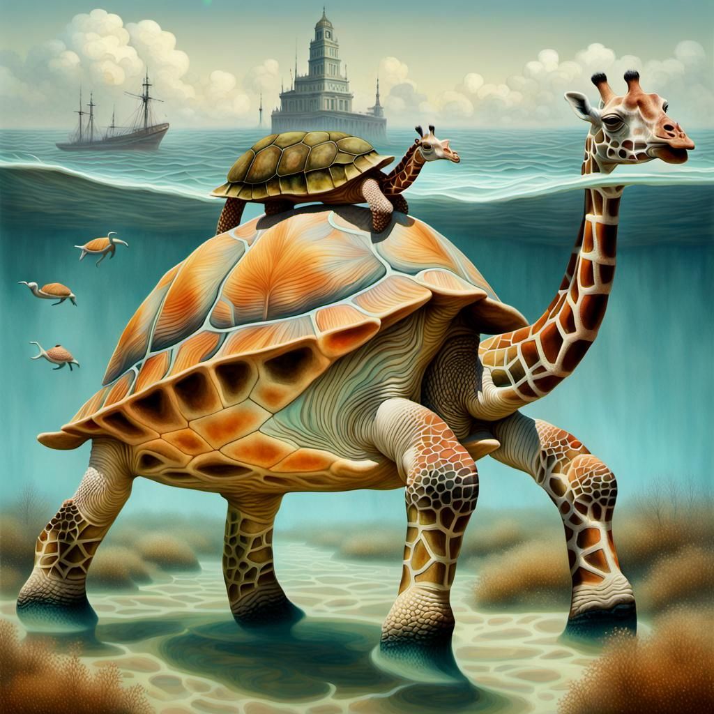Surreal Molecular Turtle Giraffes in Gouache Style