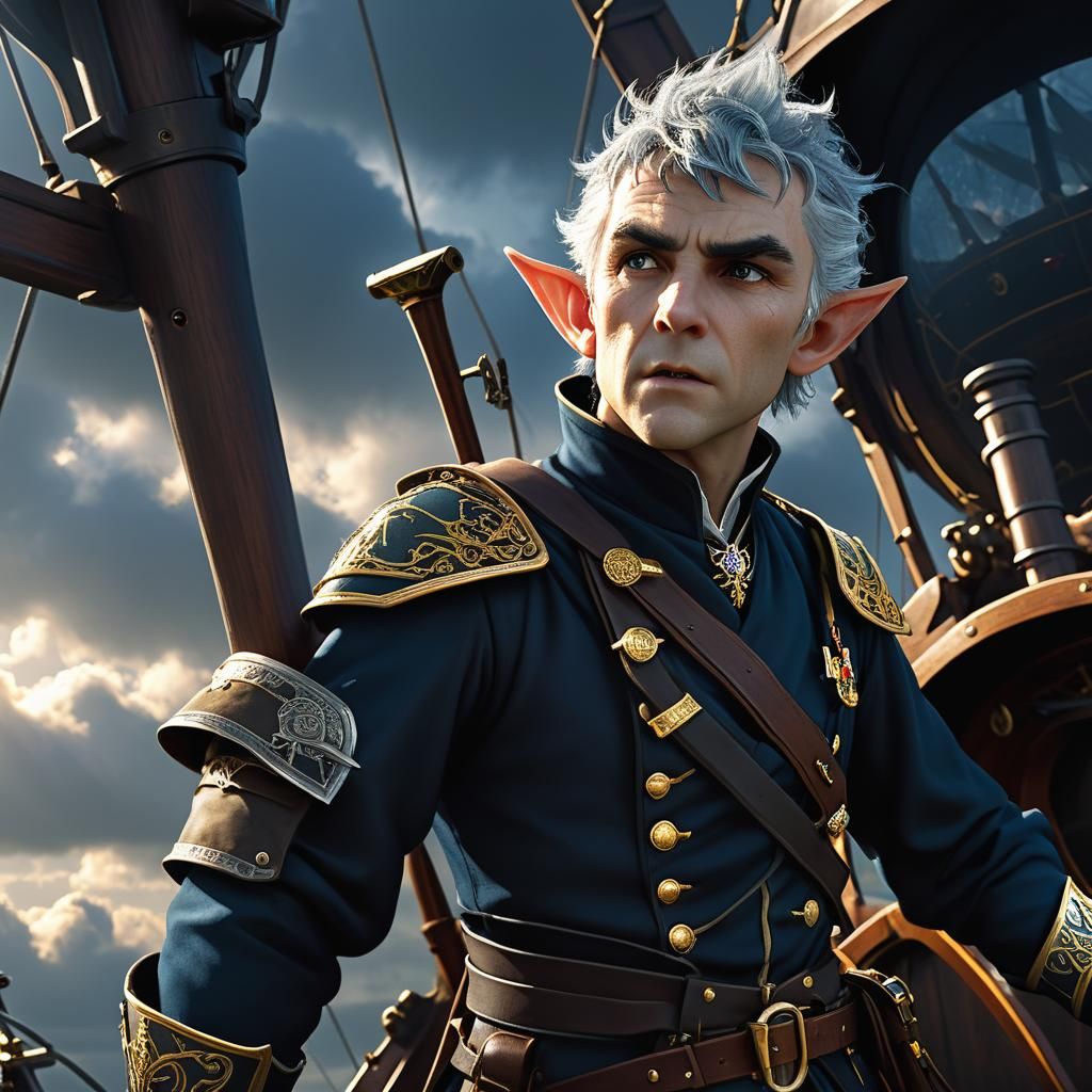 Furious Half-Elf Captain at Airship Helm
