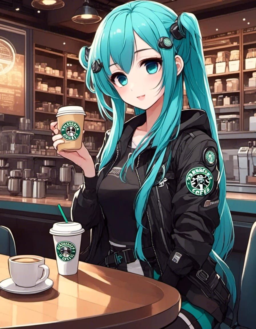 Cute chibi small anime girl, Starbucks themed clothes, holding coffee cup in coffee bistro <lora:Gridimation:1.0>