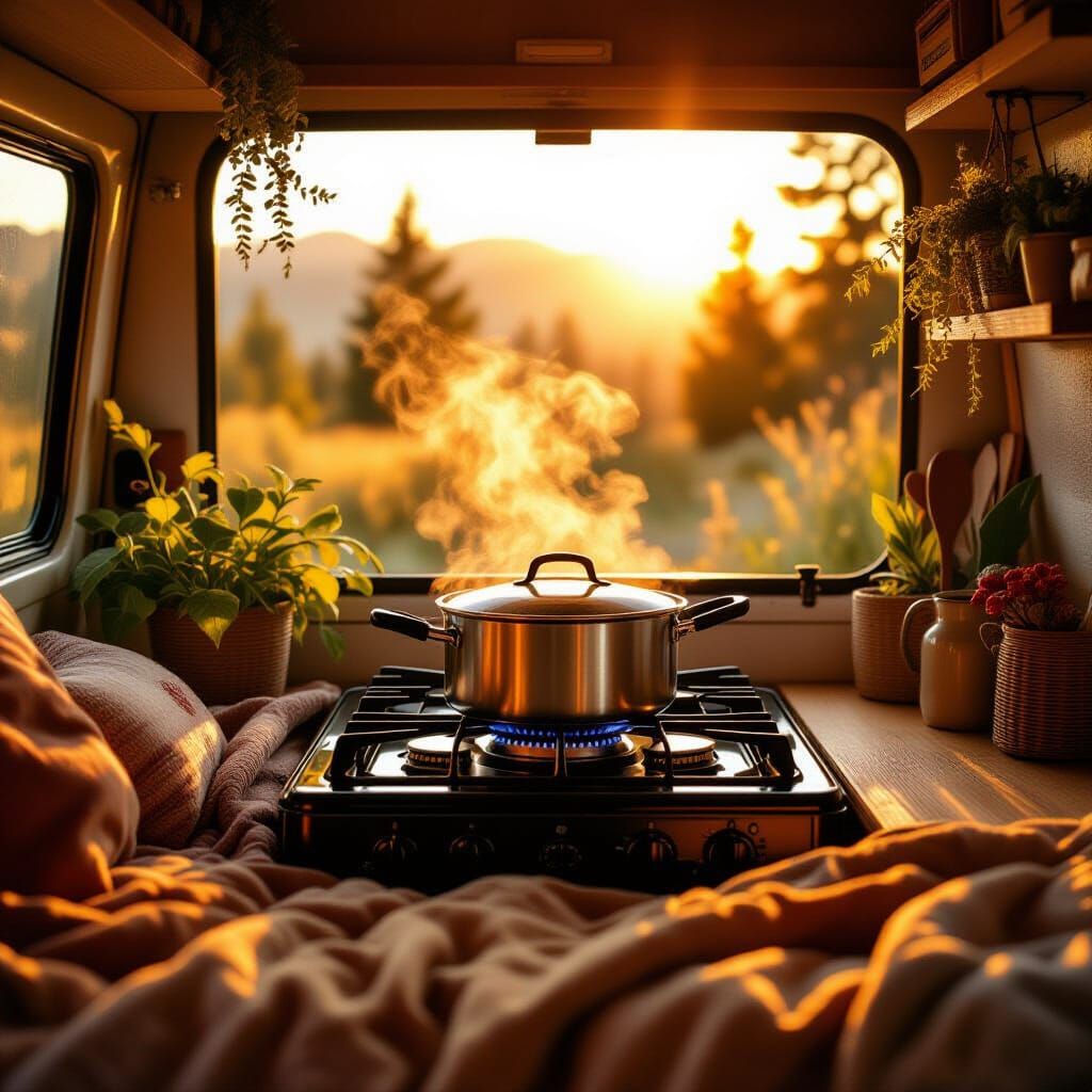 Cozy Vanlife Scene with Vintage Stove and Golden Light