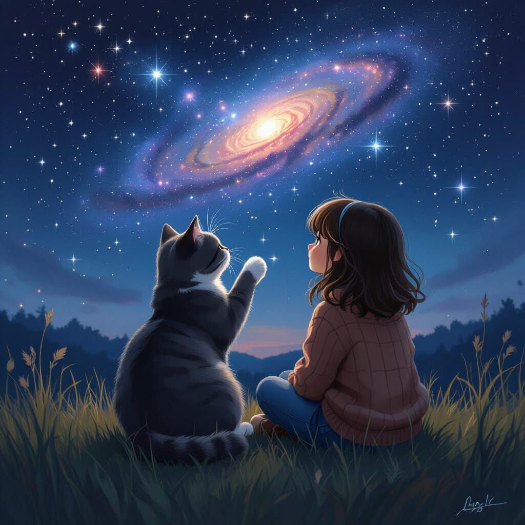 Girl and Cat Gaze at Galaxy in Dreamy Art Style