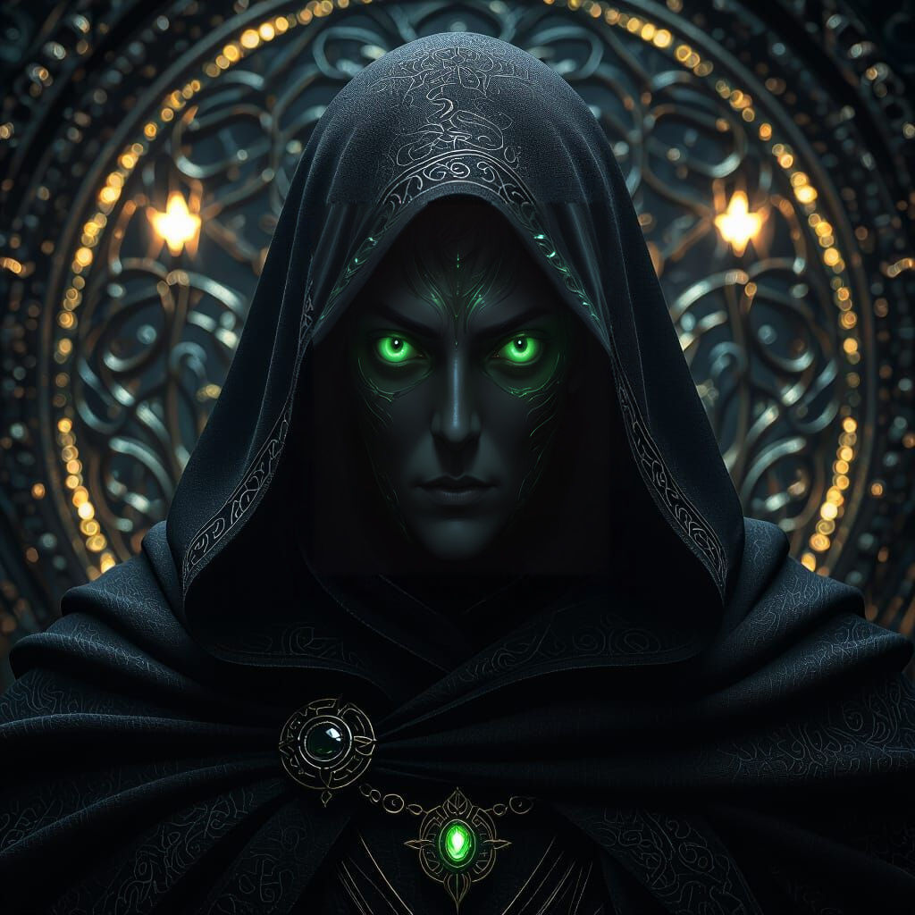 Green Eyed Figure in Black Cloak, Detailed Portrait