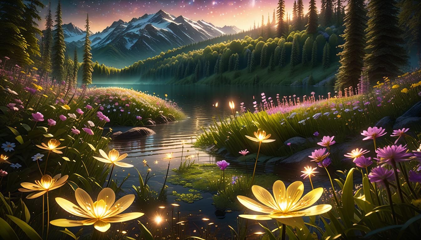 Springtime Dusk Landscape with Fireflies and Stars