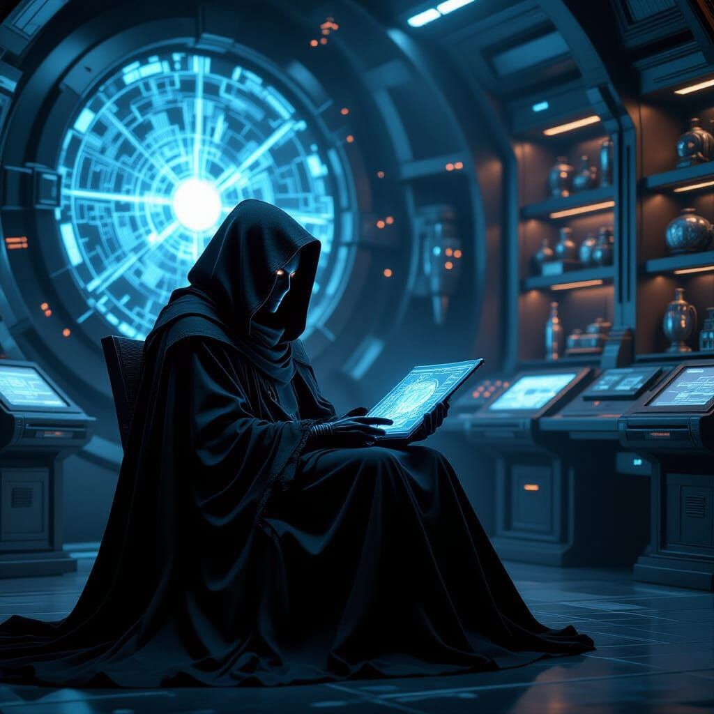 Dark Figure in Futuristic Lair: Sci-Fi Art