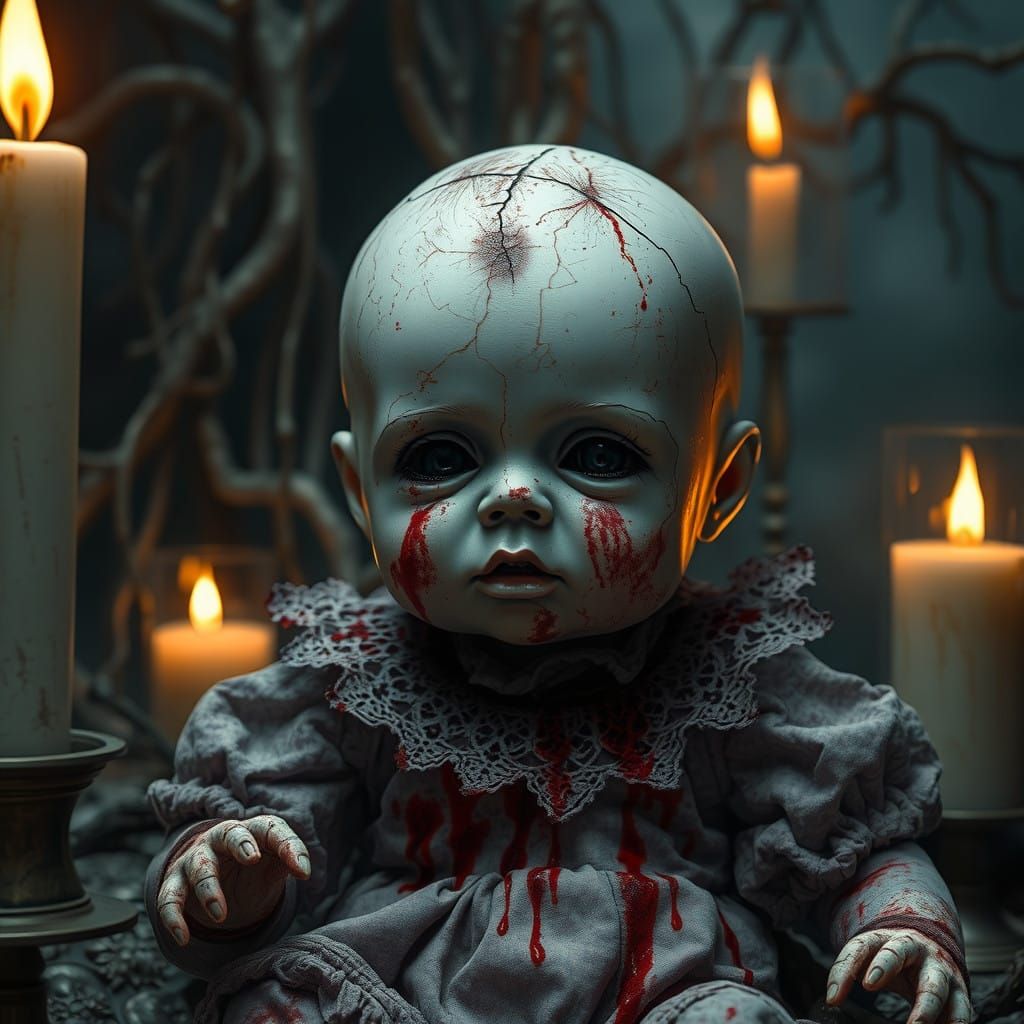 Creepy Antique Doll in Dark Fantasy Landscape