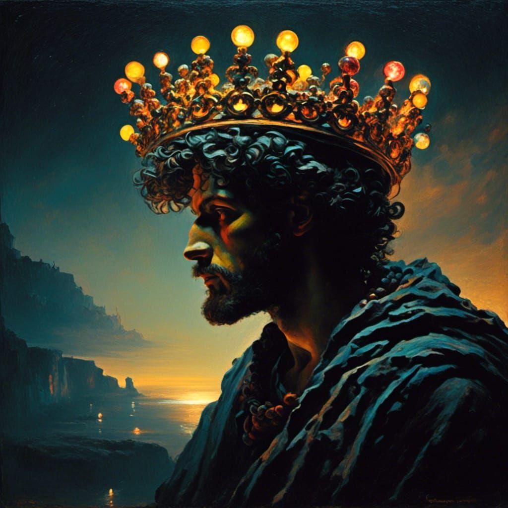 Neon Crowned Man Contemplates Night in Hyperrealistic Style