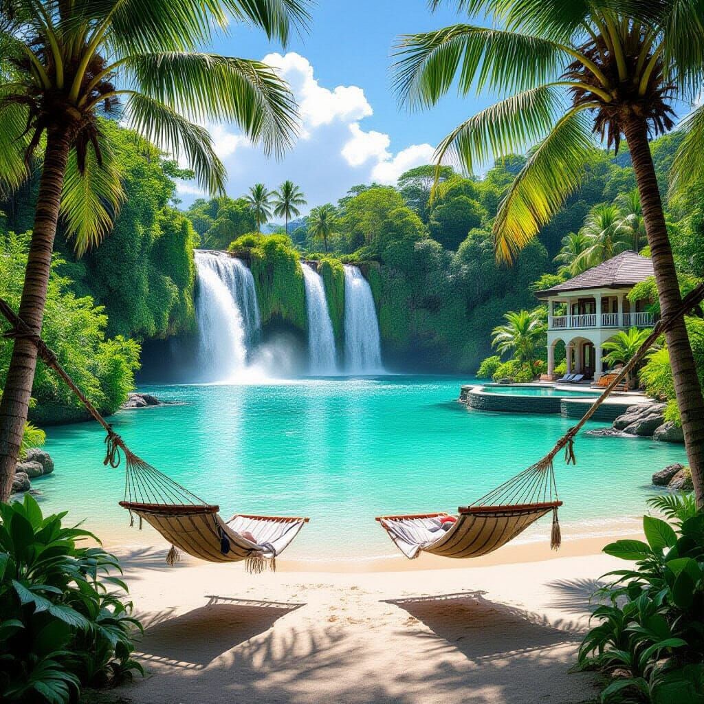 Tropical Island Paradise with Waterfall, Hammocks, and Mansi...