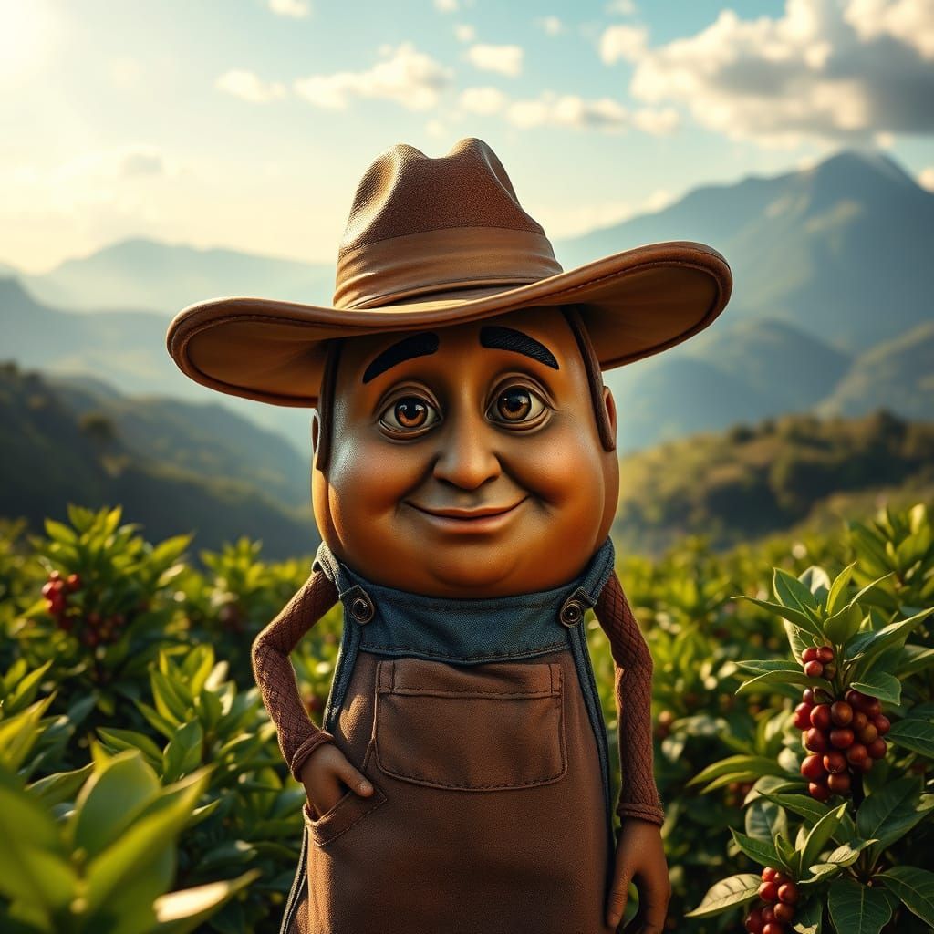 Anthropomorphic Coffee Bean on Colombian Hilltop Coffee Farm