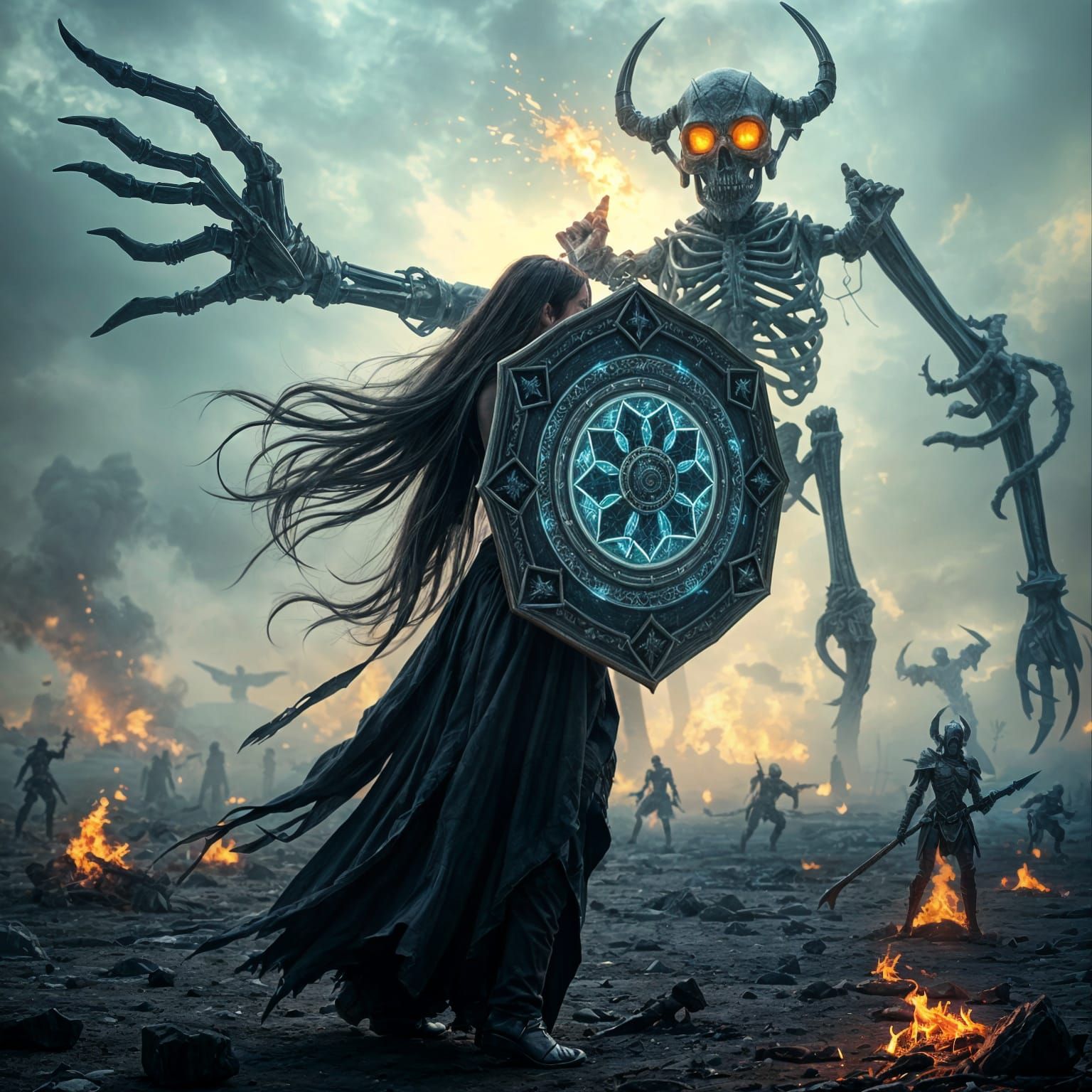 Ethereal Fantasy Battlefield Scene with Magical Shield