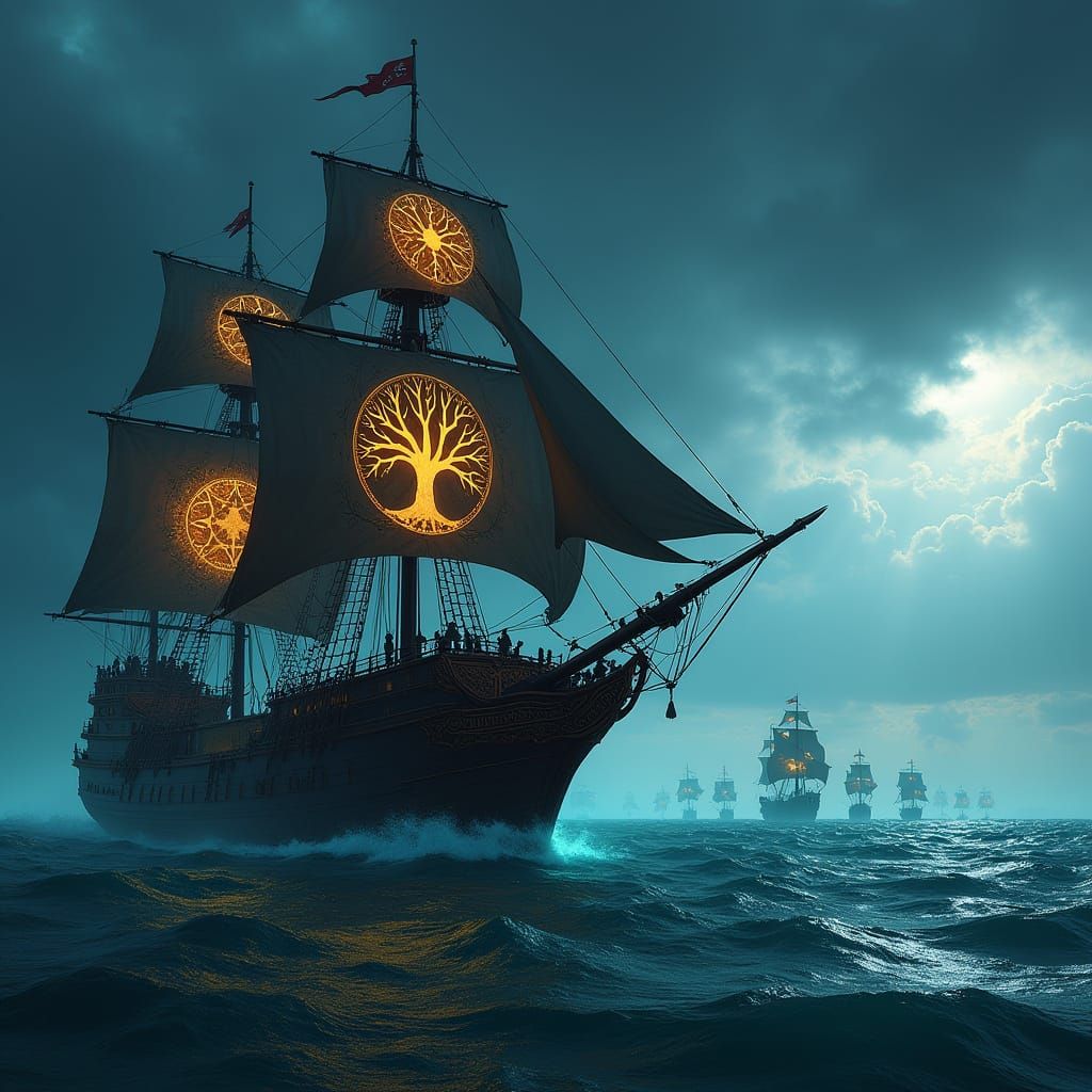 Ornate Warship with Arcane Sigils and Luminous Sails