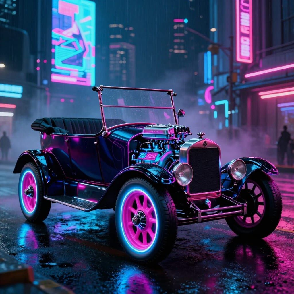 Cyberpunk Model T Ford with Neon V8 Engine
