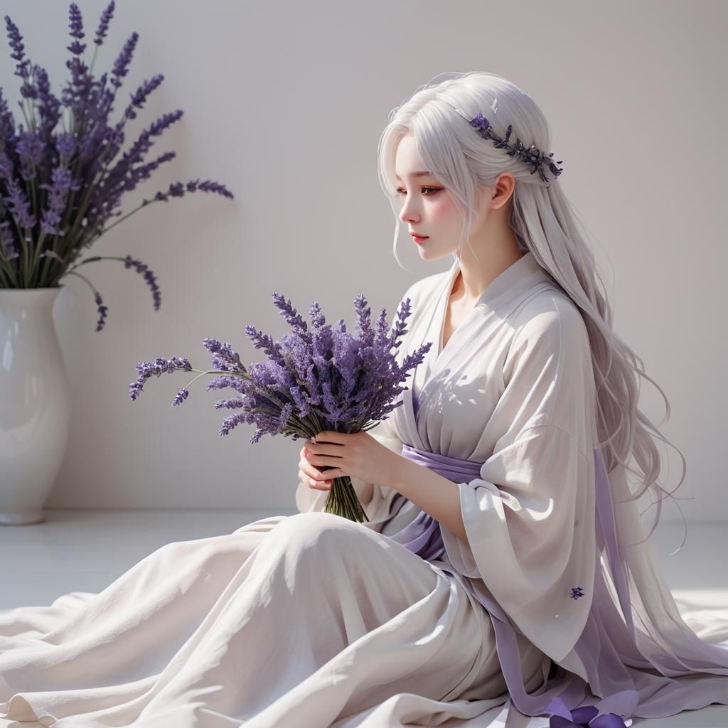 Anime Girl with Lavender Bouquet in 3D Art