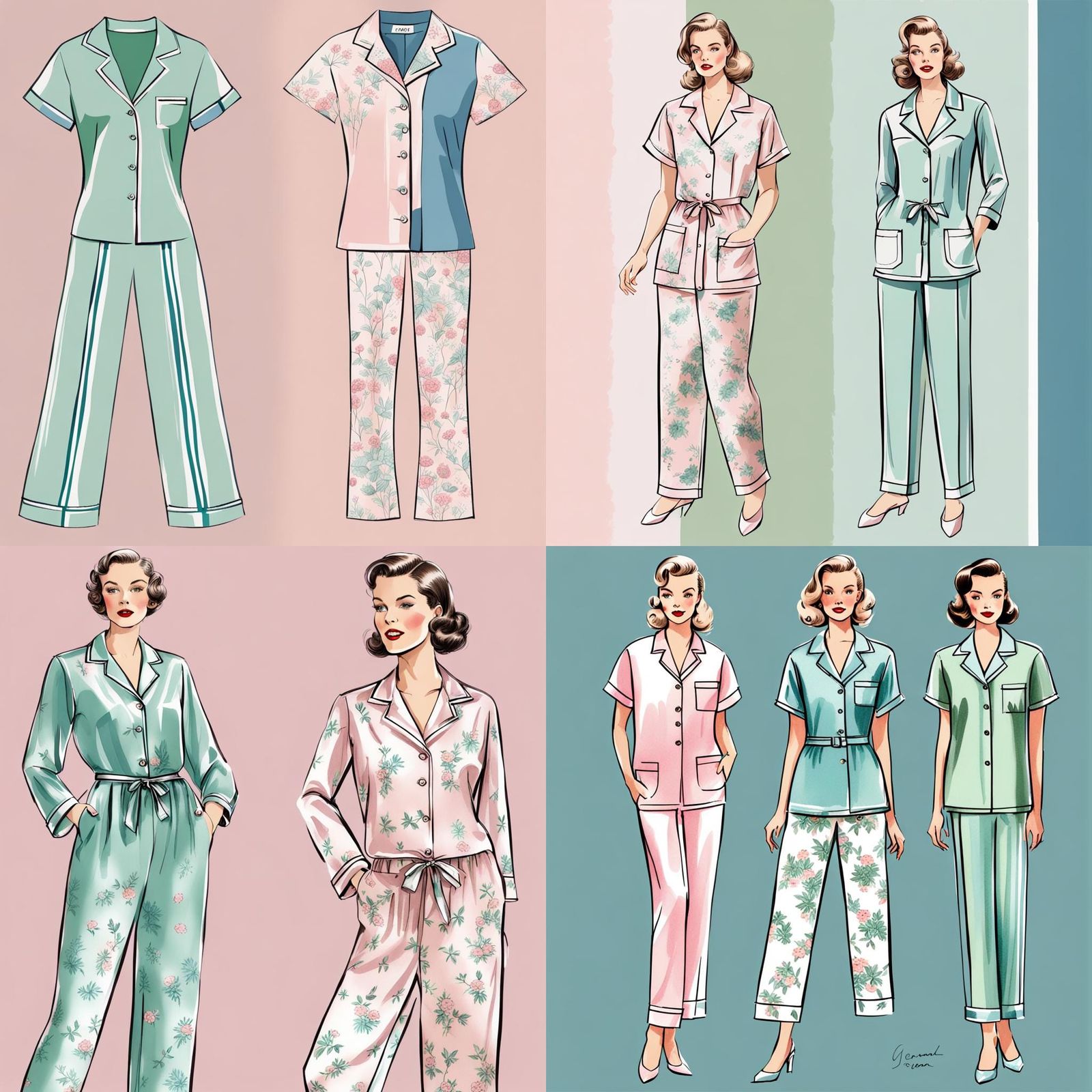 Pastel 1950s Pajama Fashion Design Croquis
