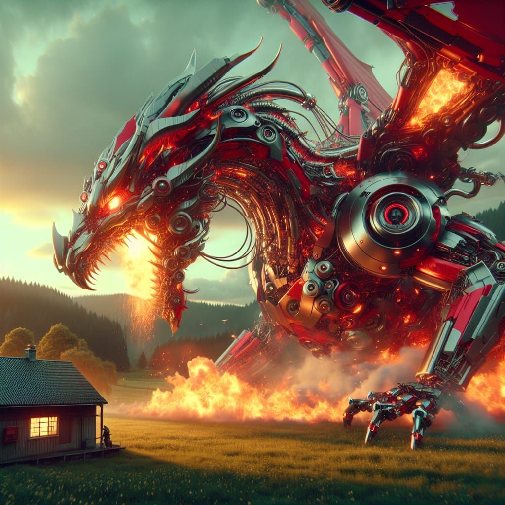 Mechanical Red Dragon Attacks House in Countryside