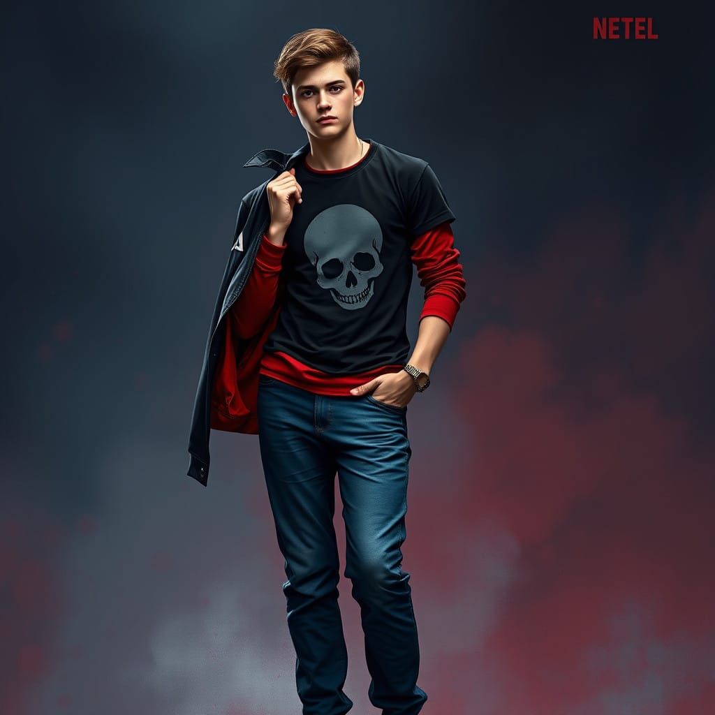 Confident Young Man in Black and Red Jacket with Skull Tee