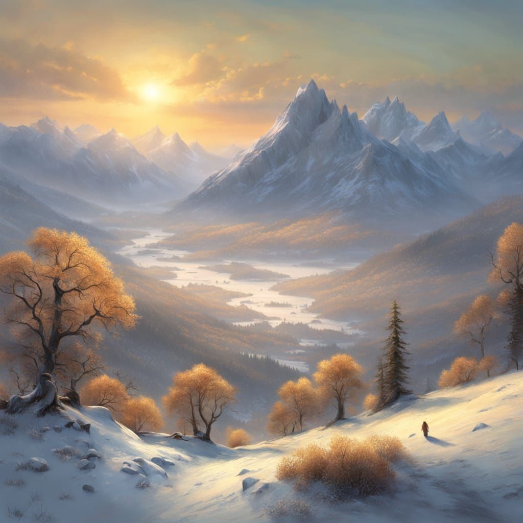 Golden Sunrise Over Snowy Winter Landscape
