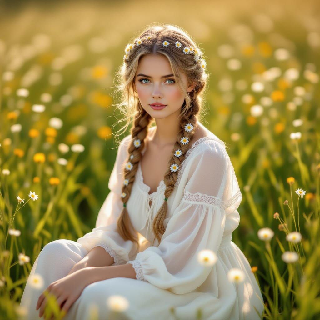 Impressionistic Portrait of Woman in Wildflower Field