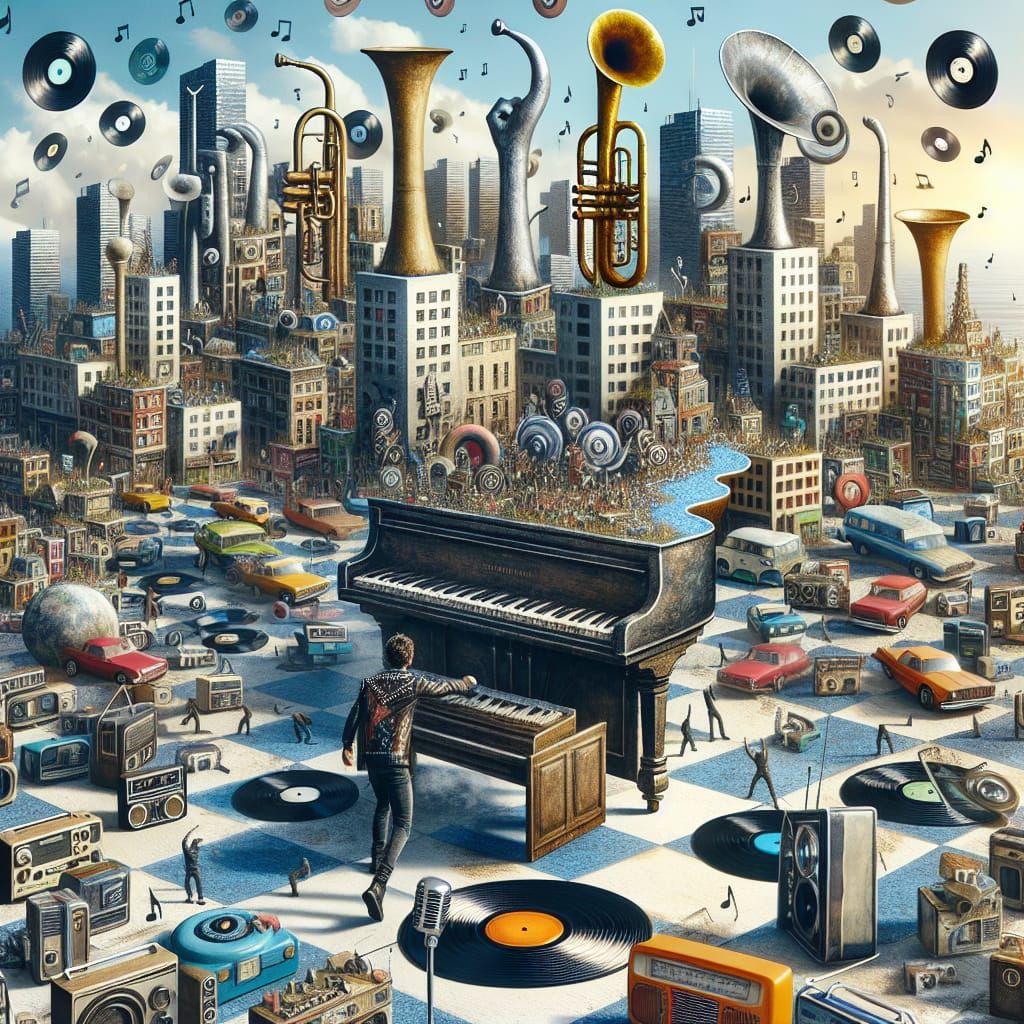 Surreal Music Cityscape of Instruments and Radios