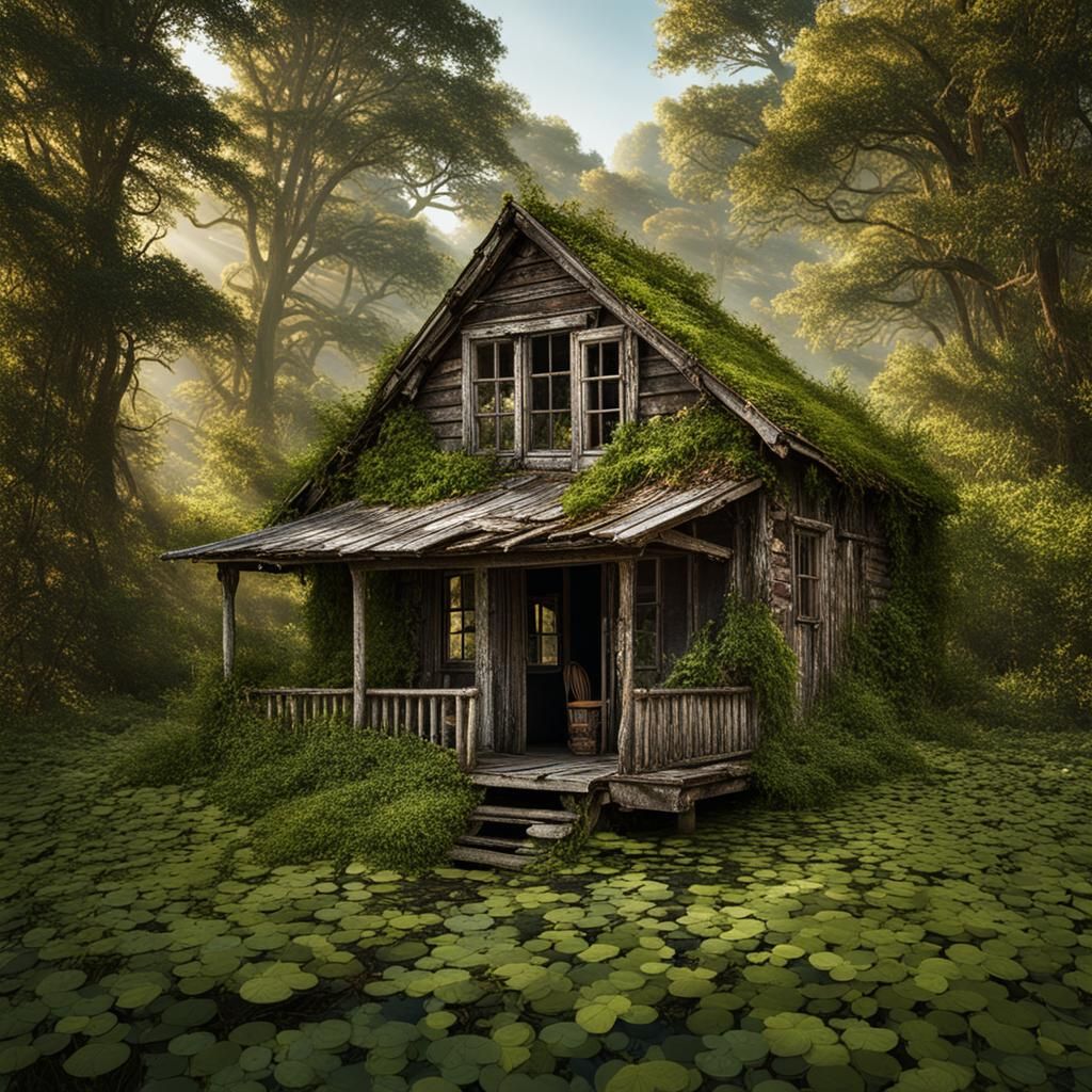 Overgrown Lakeside Cabin in Cinematic Realism