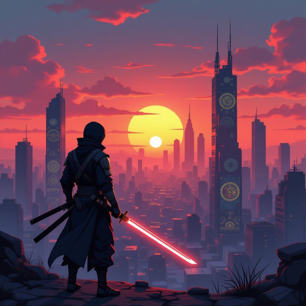 Sci-Fi Ninja Overlooks Klimt-Inspired Post-Apocalyptic City