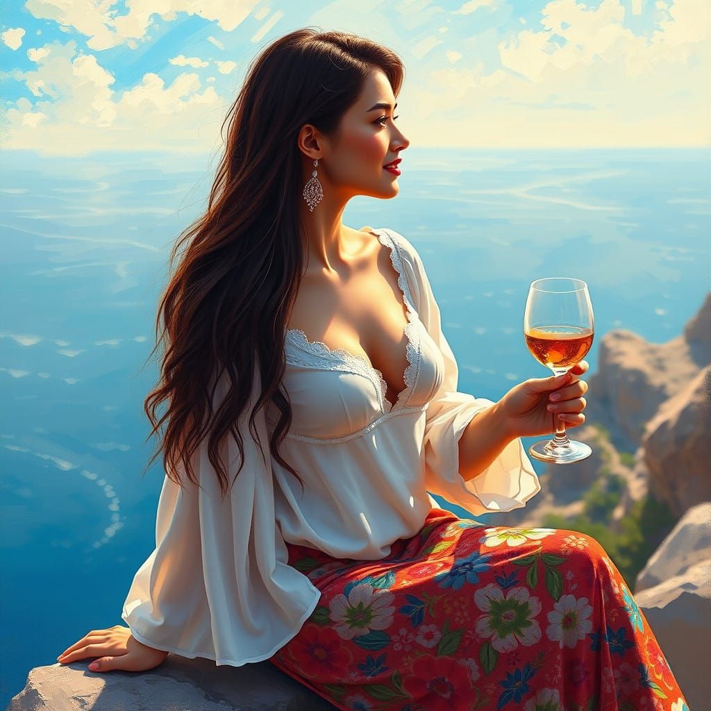 Elegant Woman Sits Serenely on Rocky Cliff, Mediterranean Oc...