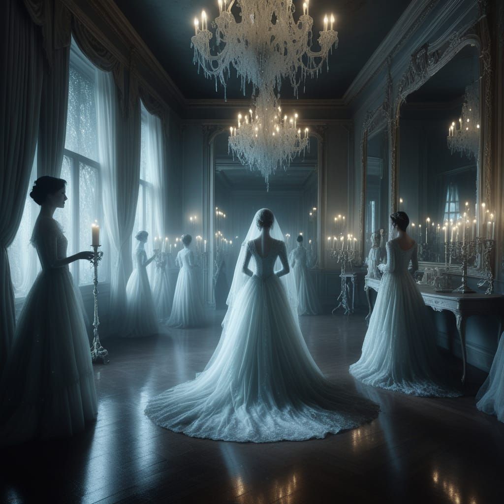Ethereal Ballroom with Ghostly Host and Enchanted Mirrors