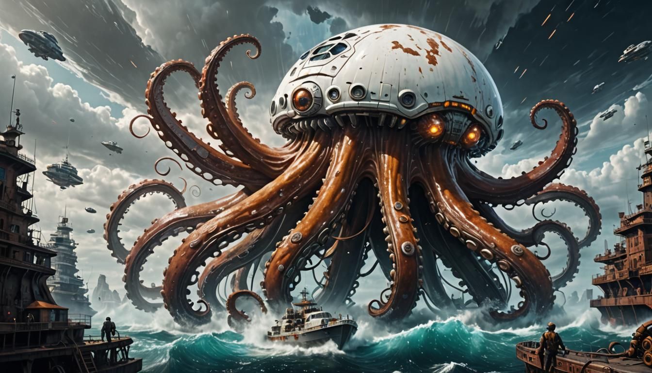 Spaceship Under Attack by Giant Octopus