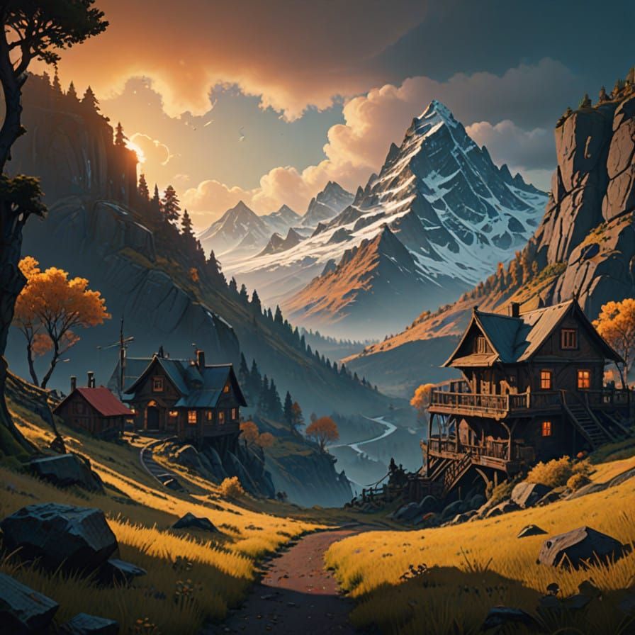Baroque-Inspired Mountain Landscape with Cinematic Lighting