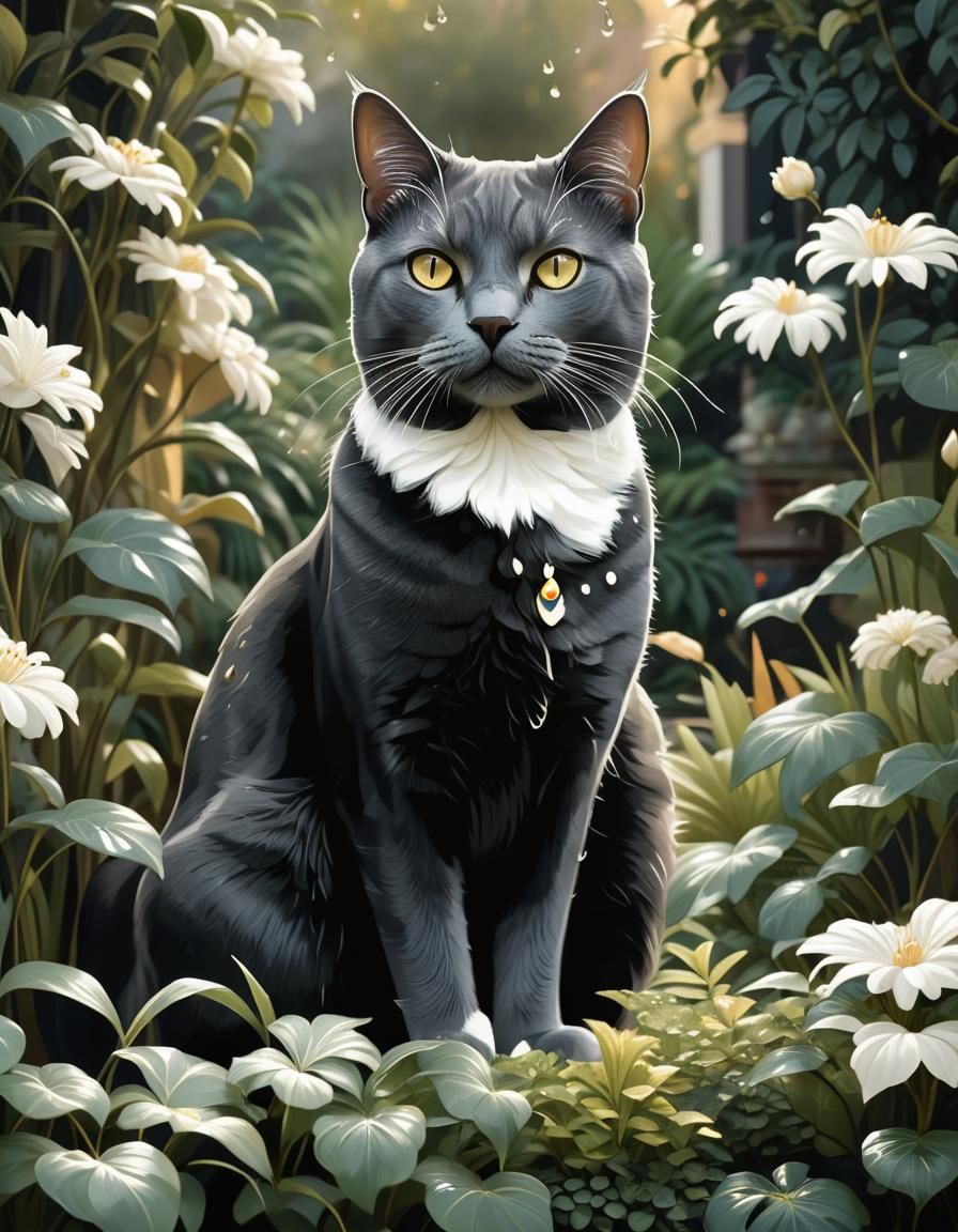 Majestic Cat in Lush Art Deco Garden