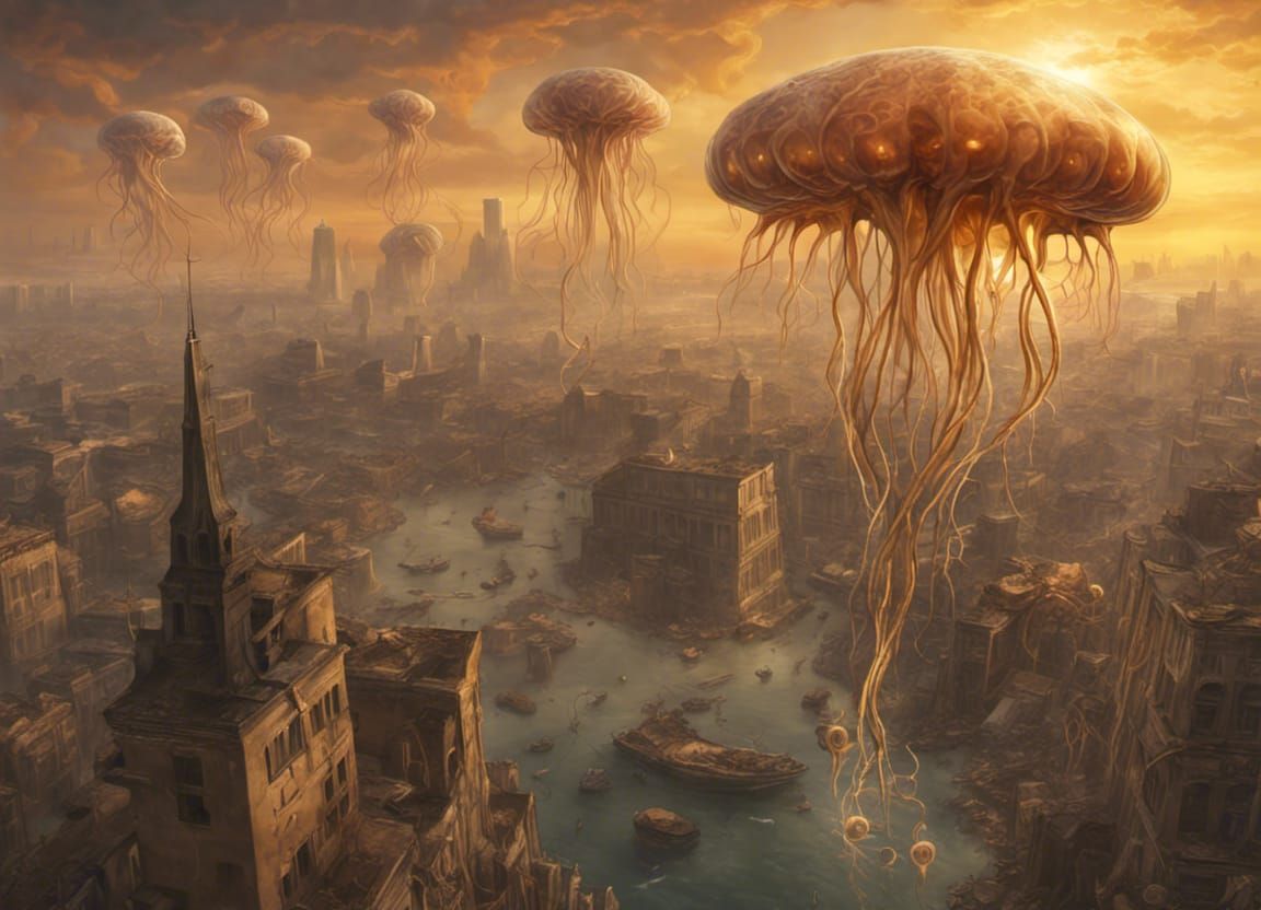 Alien Jellyfish Over Ruined City at Sunset