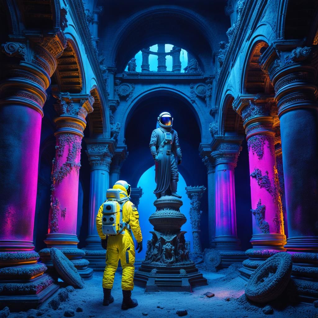 Astronaut in Gothic Cathedral Ruins Undersea