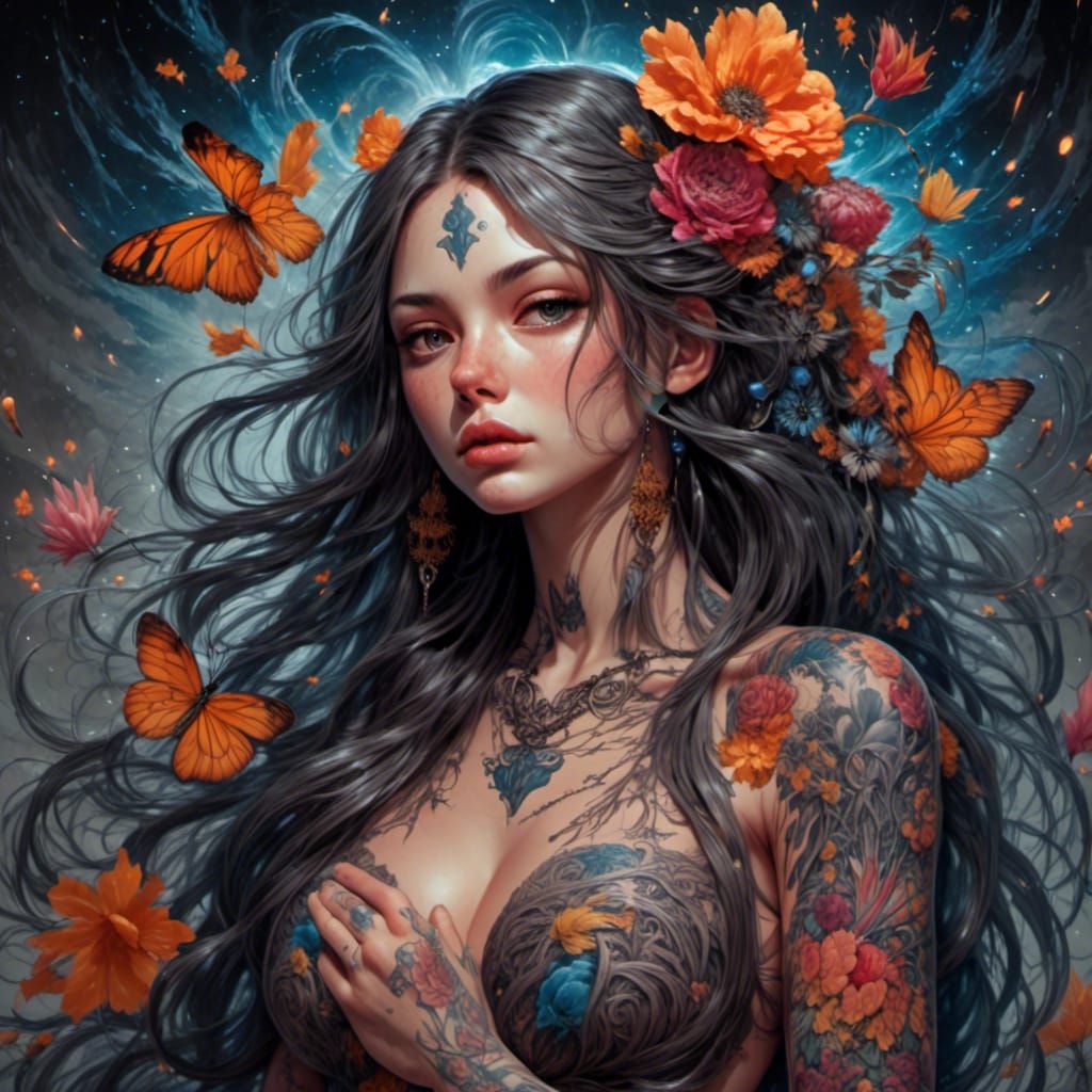 Woman with Colorful Tattoos in Neo-Traditional Style