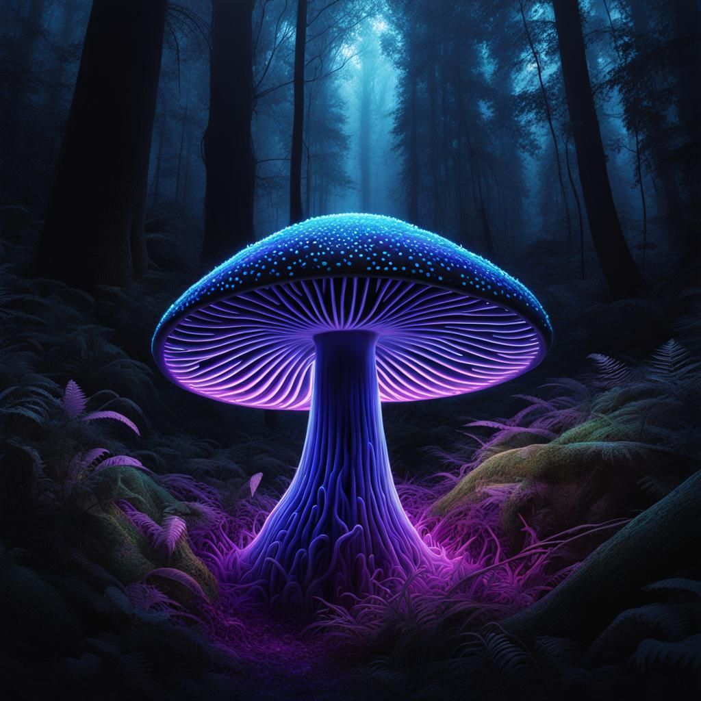 Glowing Mushroom in Dark Forest: Detailed Ink Art