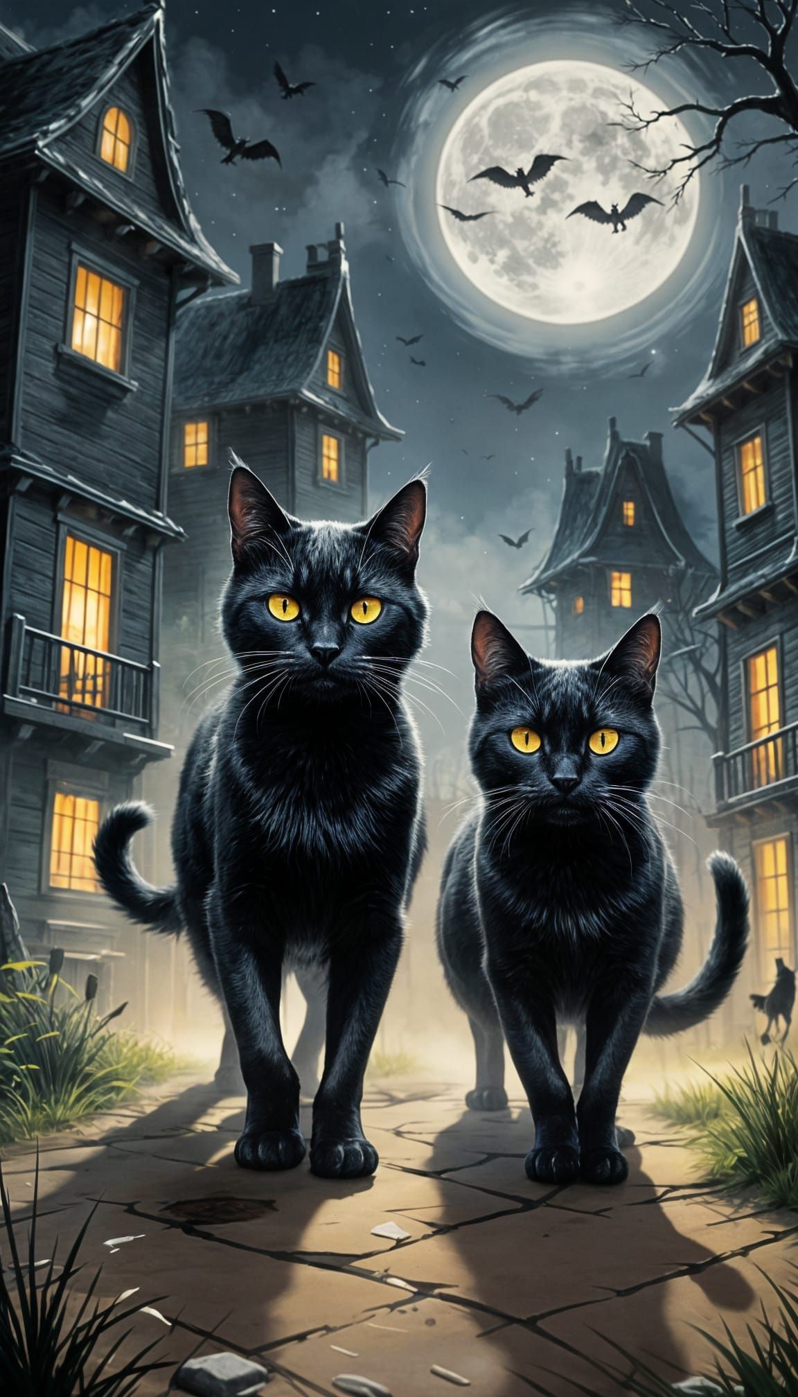 Ominous Black Cats Stalking by Moonlight