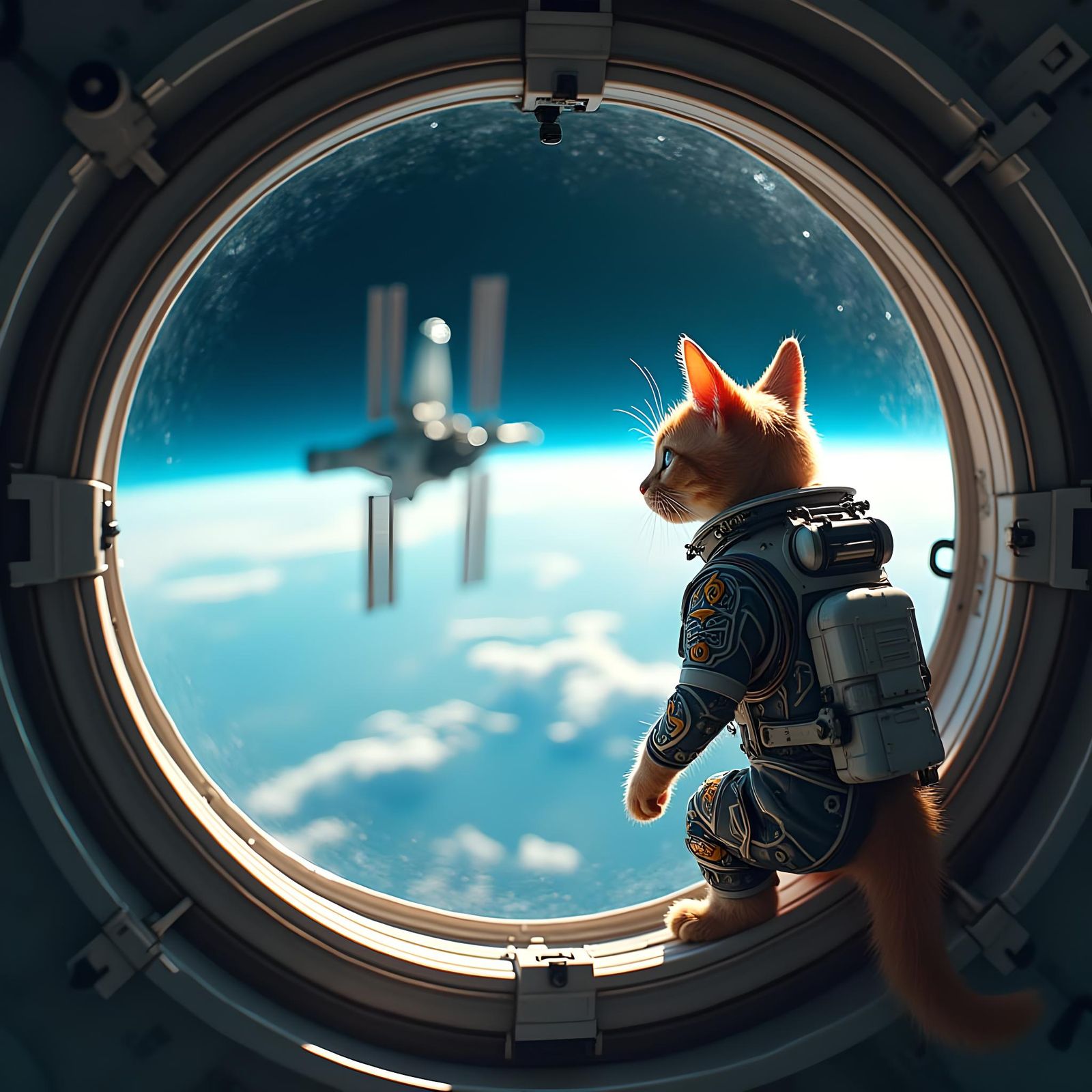 Cat Astronaut on ISS: Detailed Matte Painting