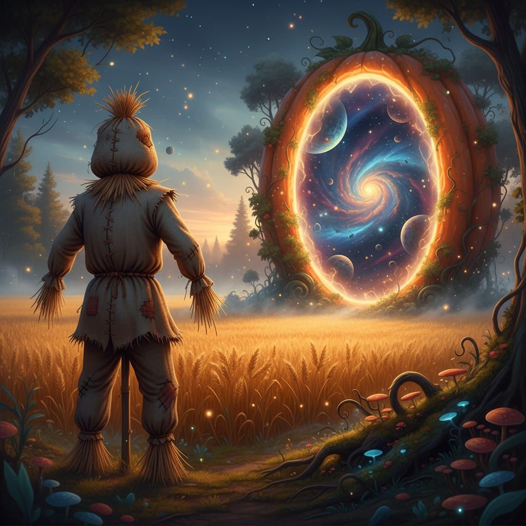 scarecrow stands in field of wheat in front of a pumpkin spa...