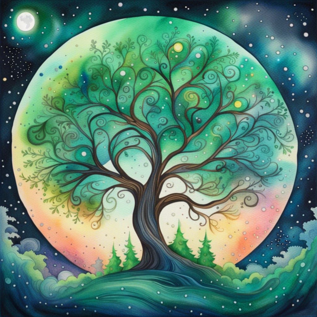 Cosmic Forest: A Swirling Watercolor Moonscape