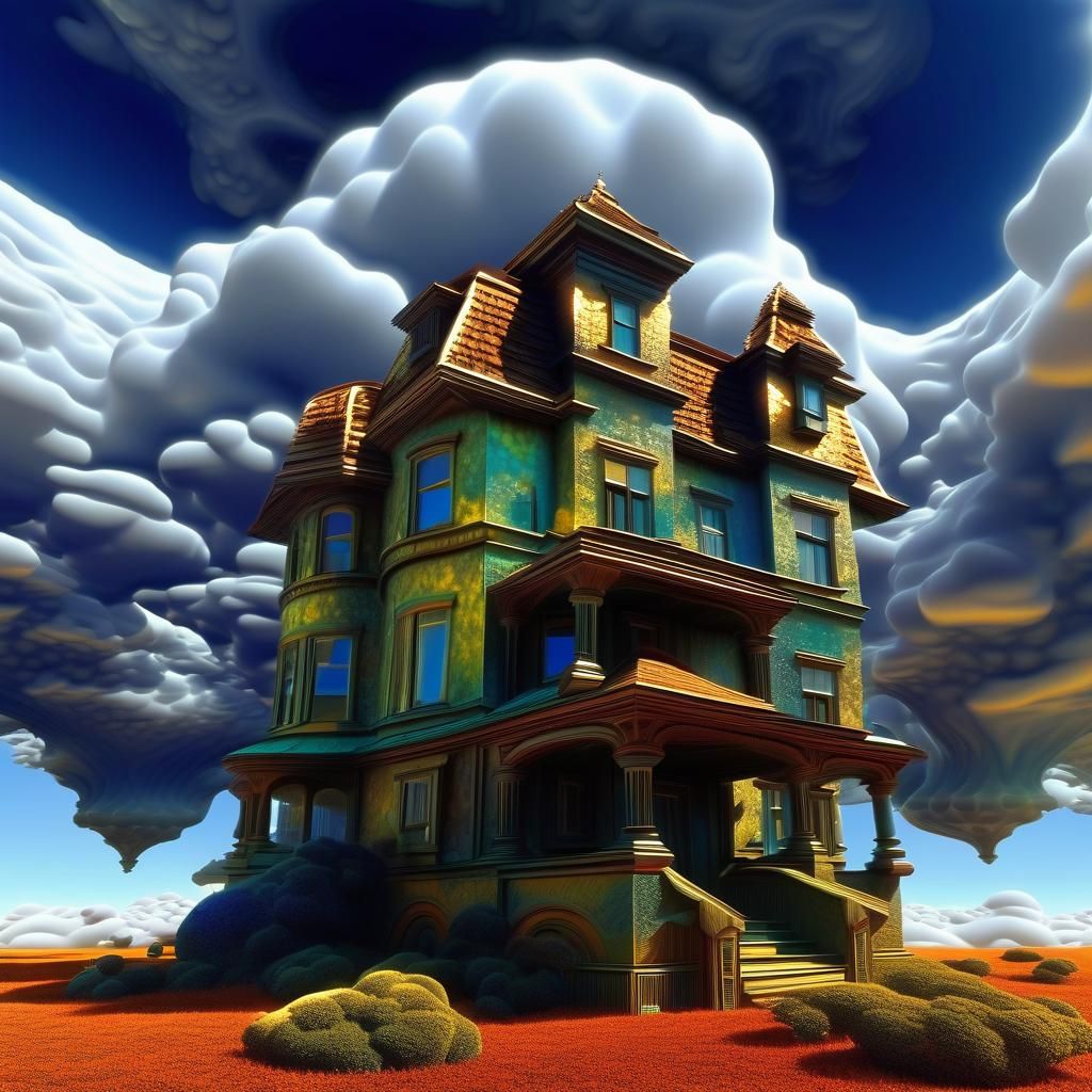 Cloud-Filled Roofless House in Magic Realism Style