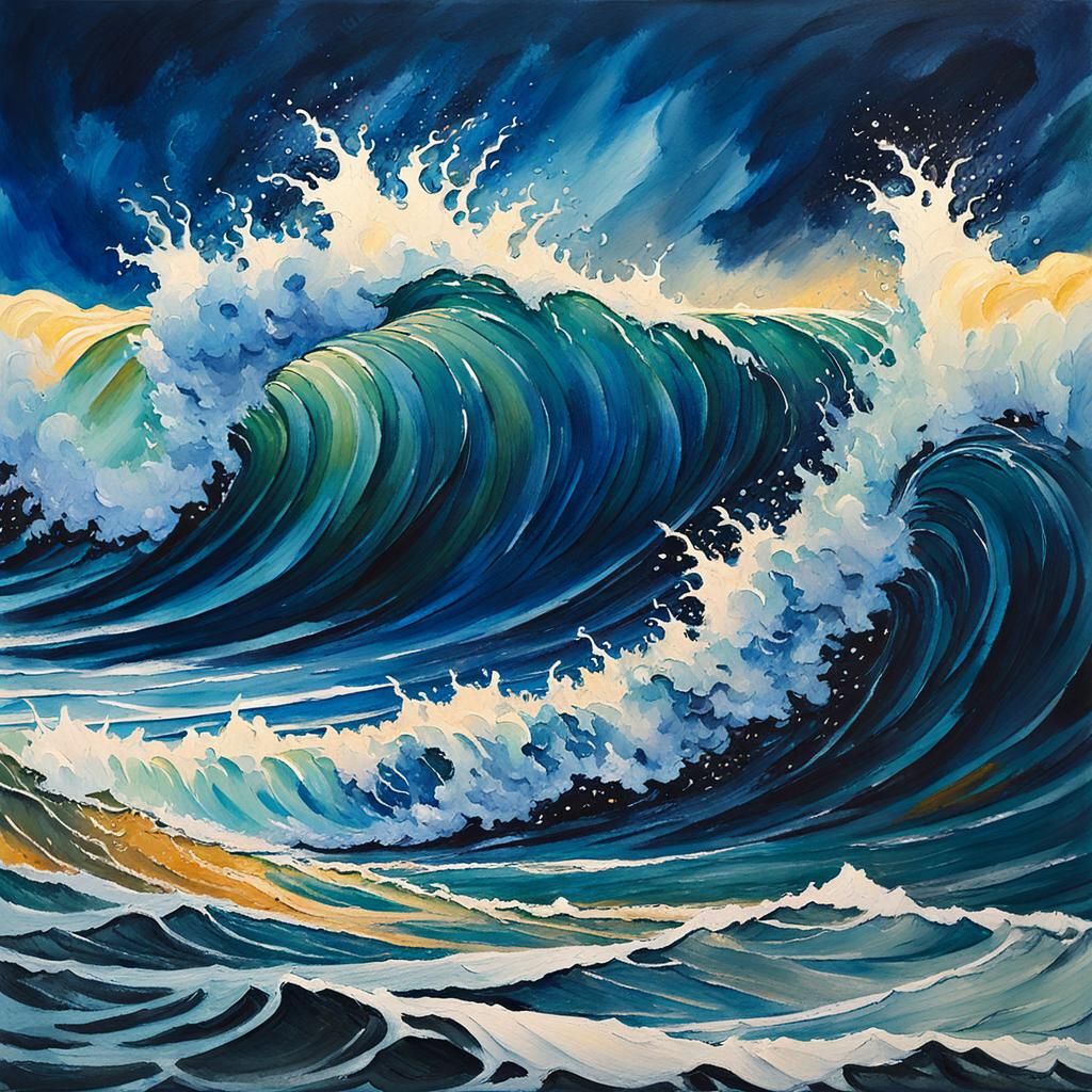 Impressionist Wave Crashing on Shore in Gouache