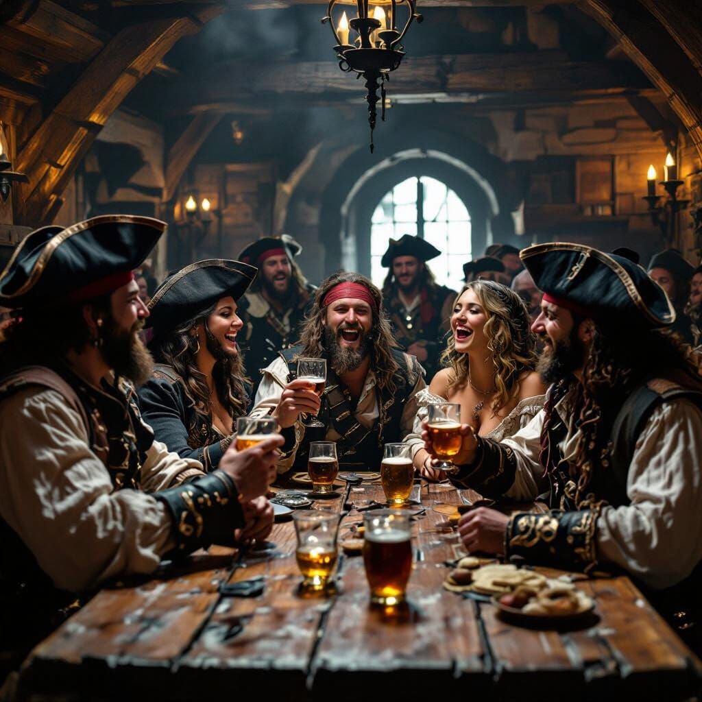Pirates Celebrating in Medieval Tavern