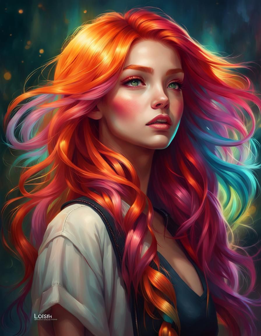Teenage Girl with Multicolored Hair Digital Painting