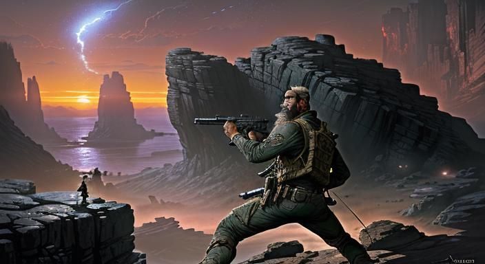 Sci-Fi Ranger Attacks Enemy at Sunset