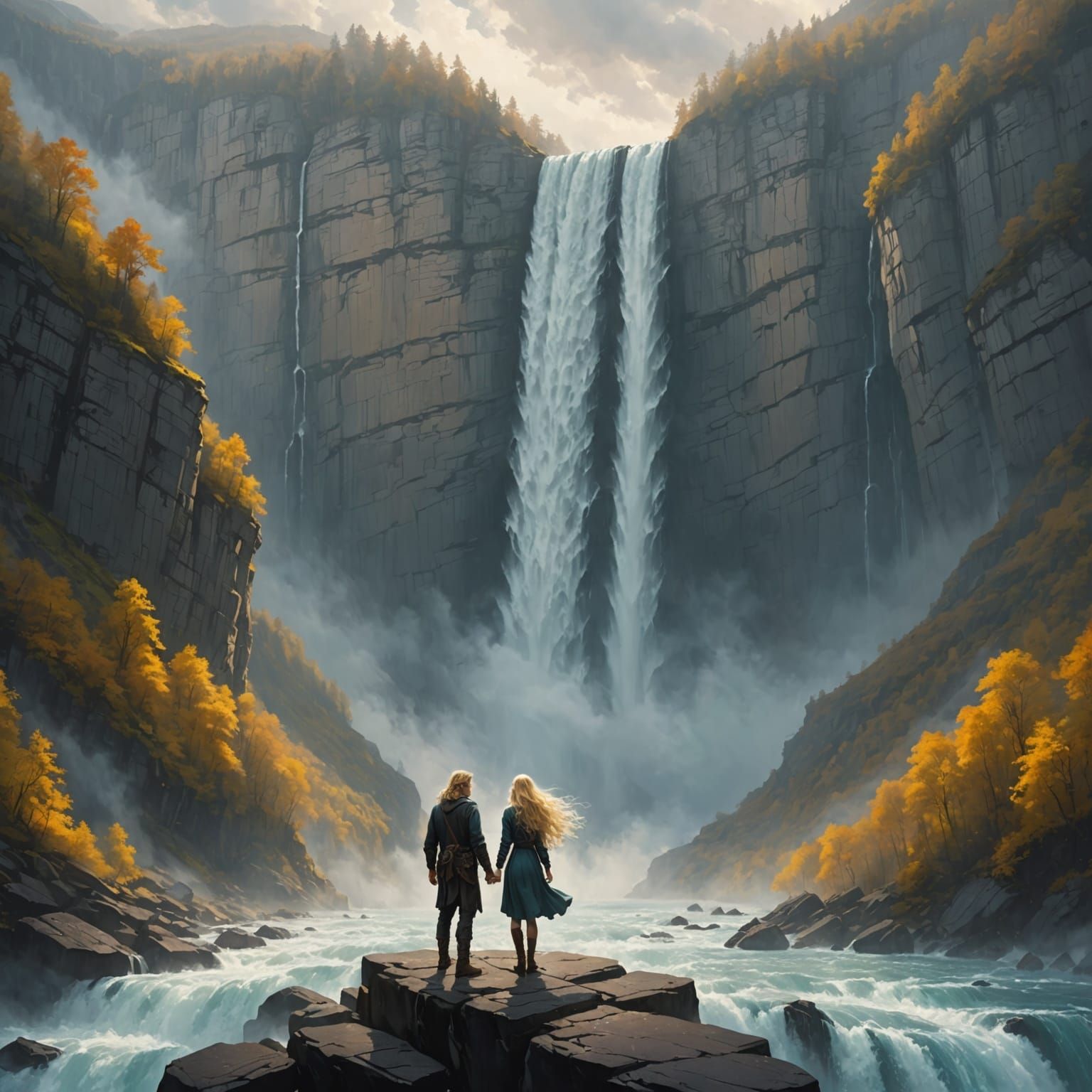 Couple Gazes at Colossal Waterfall in Ethereal Digital Paint...