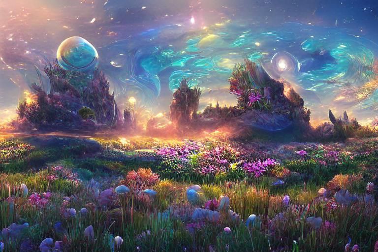Iridescent Pastel Landscape with Cosmic Sky