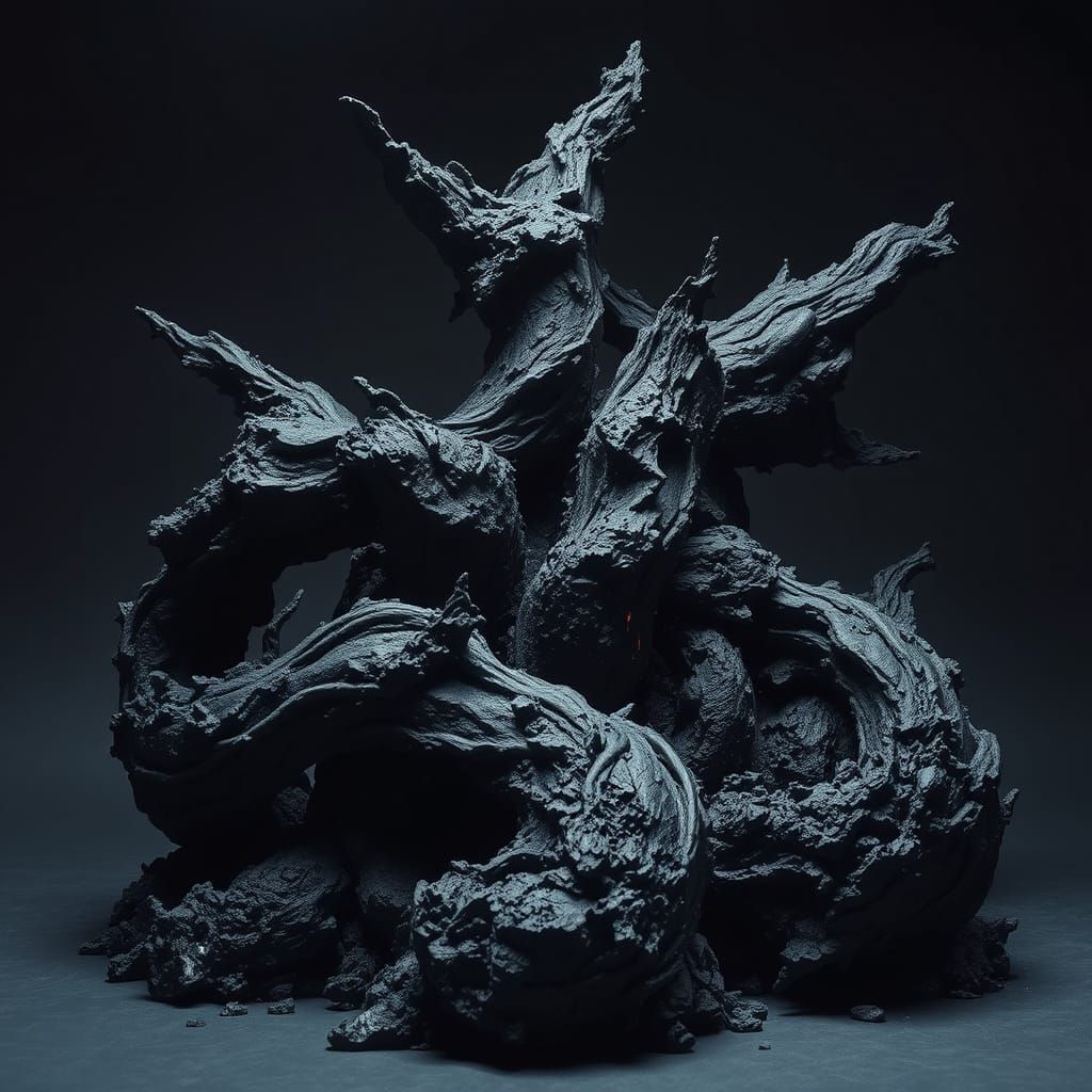 Twisted Black Lava Sculpture in Dramatic Baroque Lighting