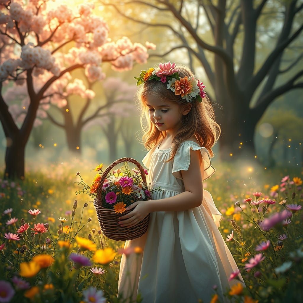 Whimsical Wildflower Gatherer in Enchanted Spring Garden