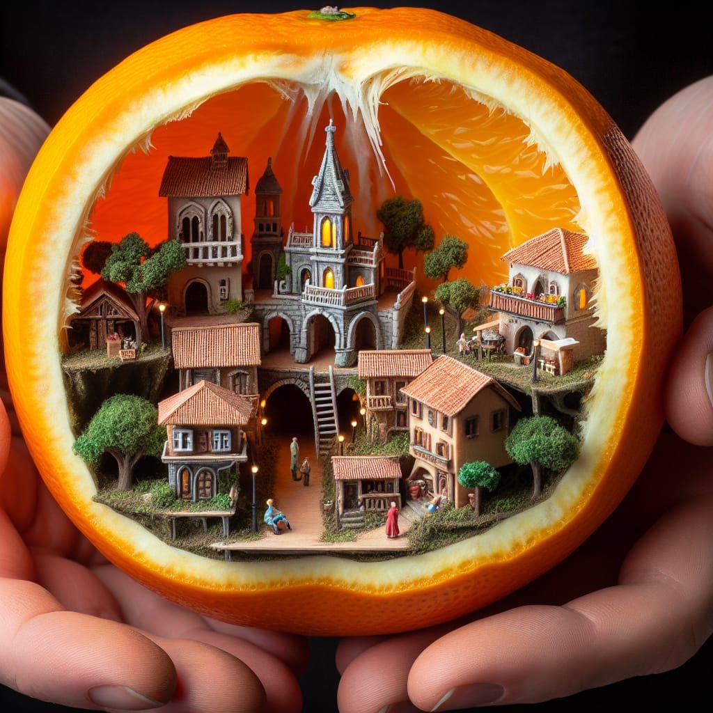 Miniature Village Inside an Orange, Macrophotography