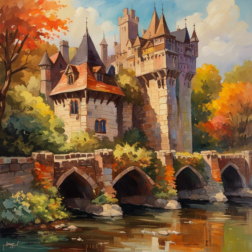 Gothic Cottagecore Castle City in Impressionist Style