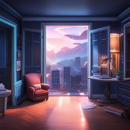 Lofi Cat in Room Watching Rain at Night